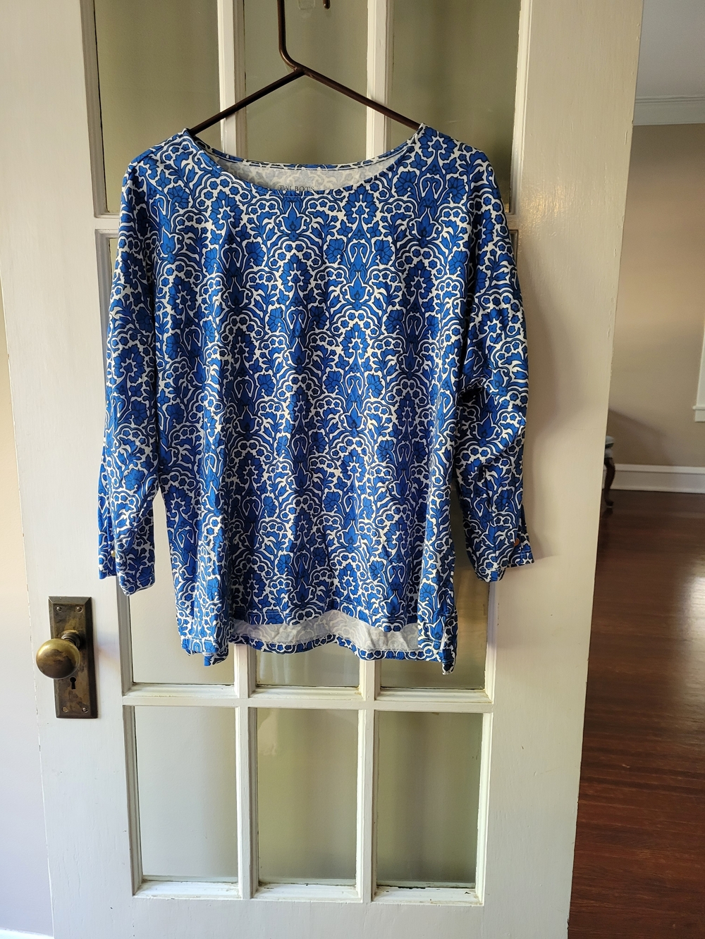 Talbots Women's Size XL Blouse Blue Floral Cotton Casual 3/4 Sleeve Casual
